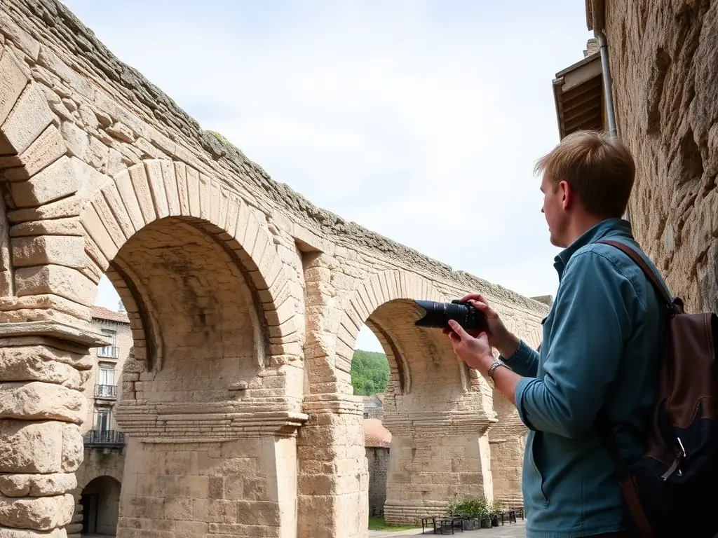 A researcher meticulously documents the architectural details of an ancient Roman bridge in Ardèche, focusing on its stone structure and historical significance.