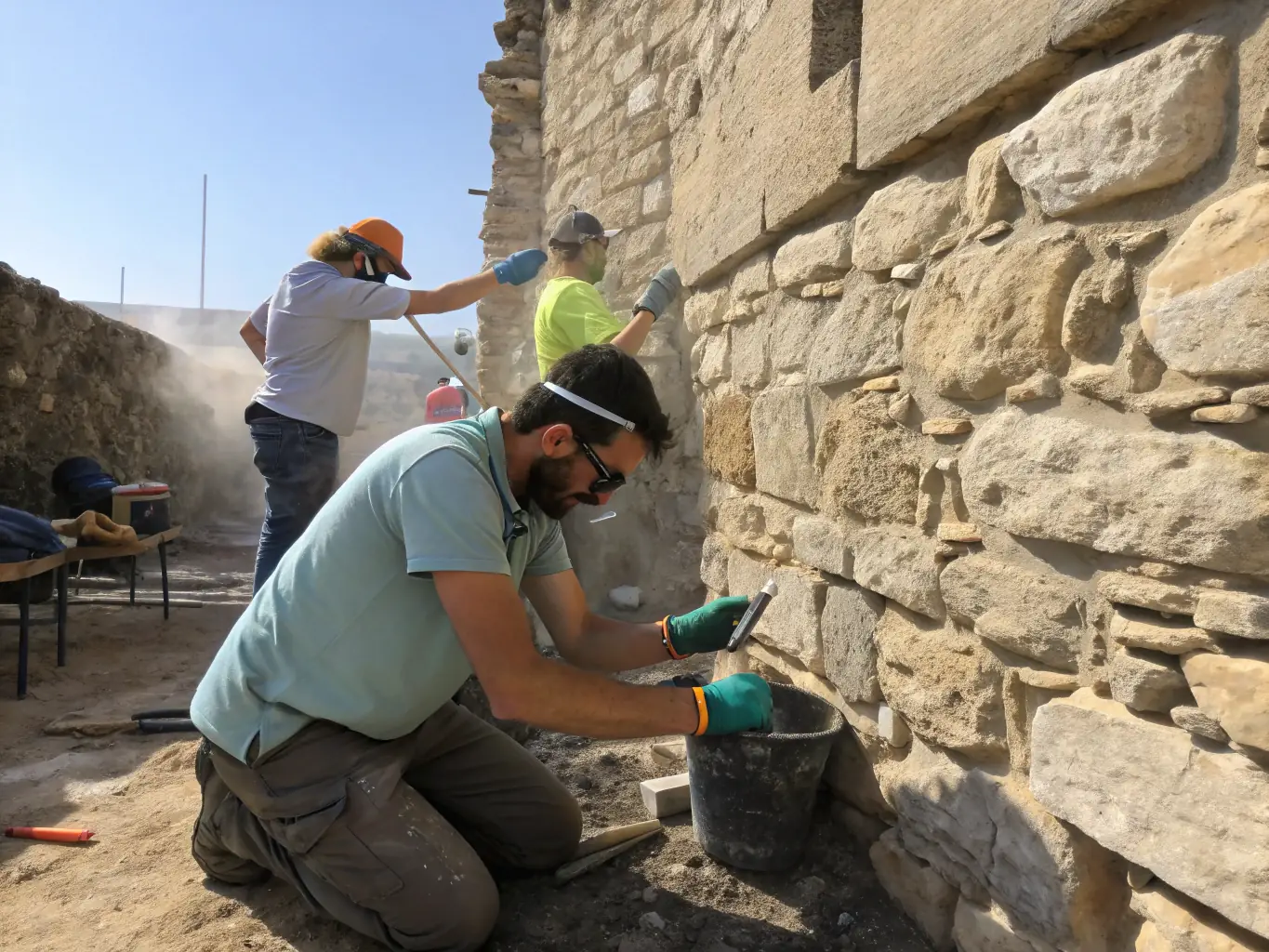A conservator carefully cleans and restores a medieval fresco inside a historic church in Ardèche, using delicate tools and techniques to preserve its original beauty.
