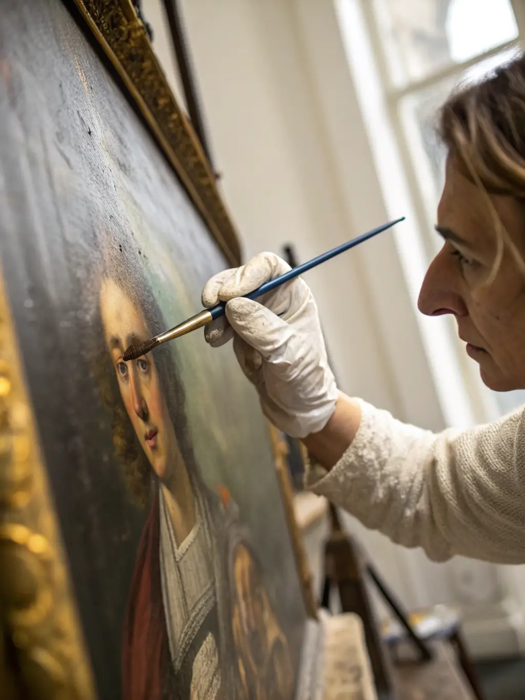 A photograph of a team of conservationists working on the restoration of a fresco inside a historic building in Ardèche, carefully cleaning and repairing the artwork.
