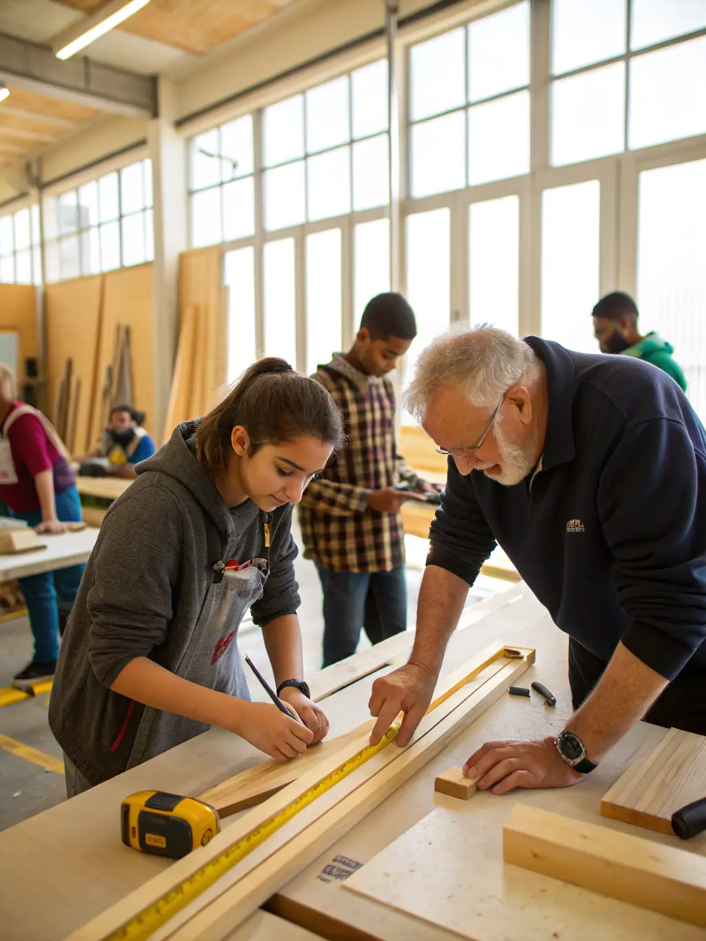 A photograph of volunteers participating in a workshop on traditional building techniques, learning how to maintain and repair historical structures in Ardèche.